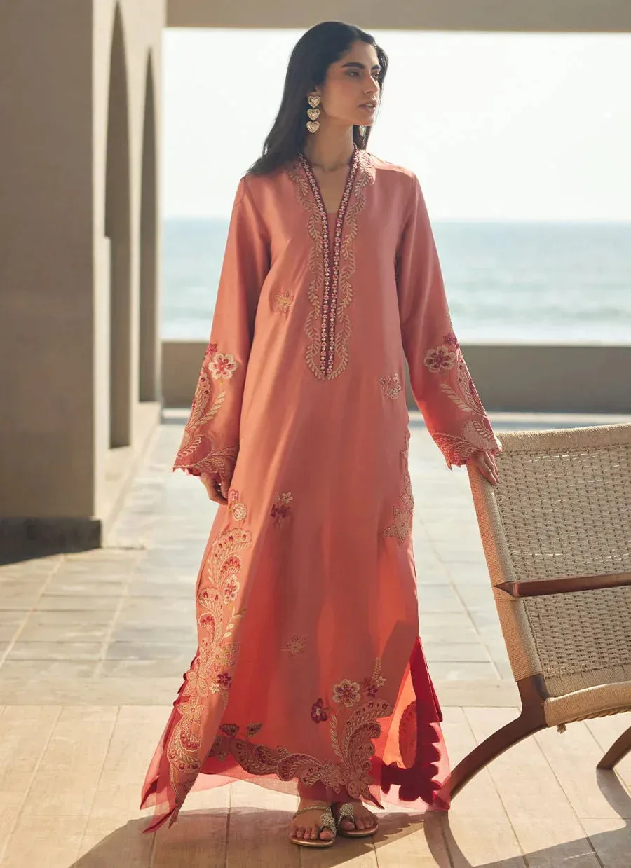 Farah Talib Aziz Laani The Kaftan Edit Coral Raw Silk – view 1 – Poshaq