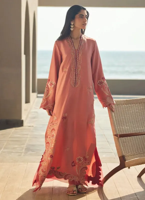 Farah Talib Aziz Laani The Kaftan Edit Coral Raw Silk – view 1 – Poshaq