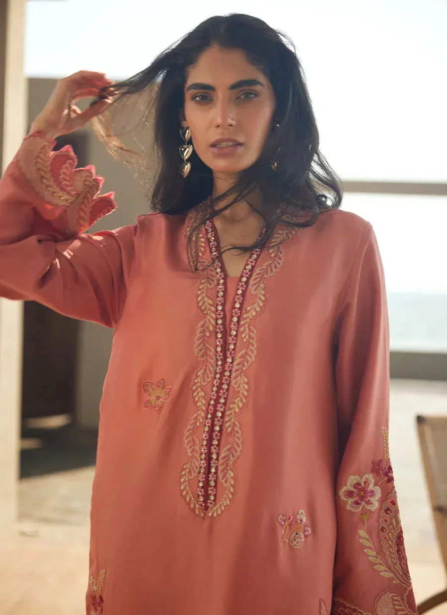 Farah Talib Aziz Laani The Kaftan Edit Coral Raw Silk – view 3 – Poshaq