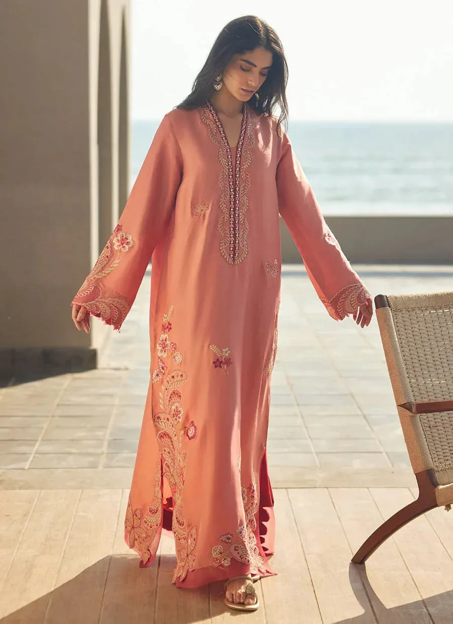 Farah Talib Aziz Laani The Kaftan Edit Coral Raw Silk – view 4 – Poshaq