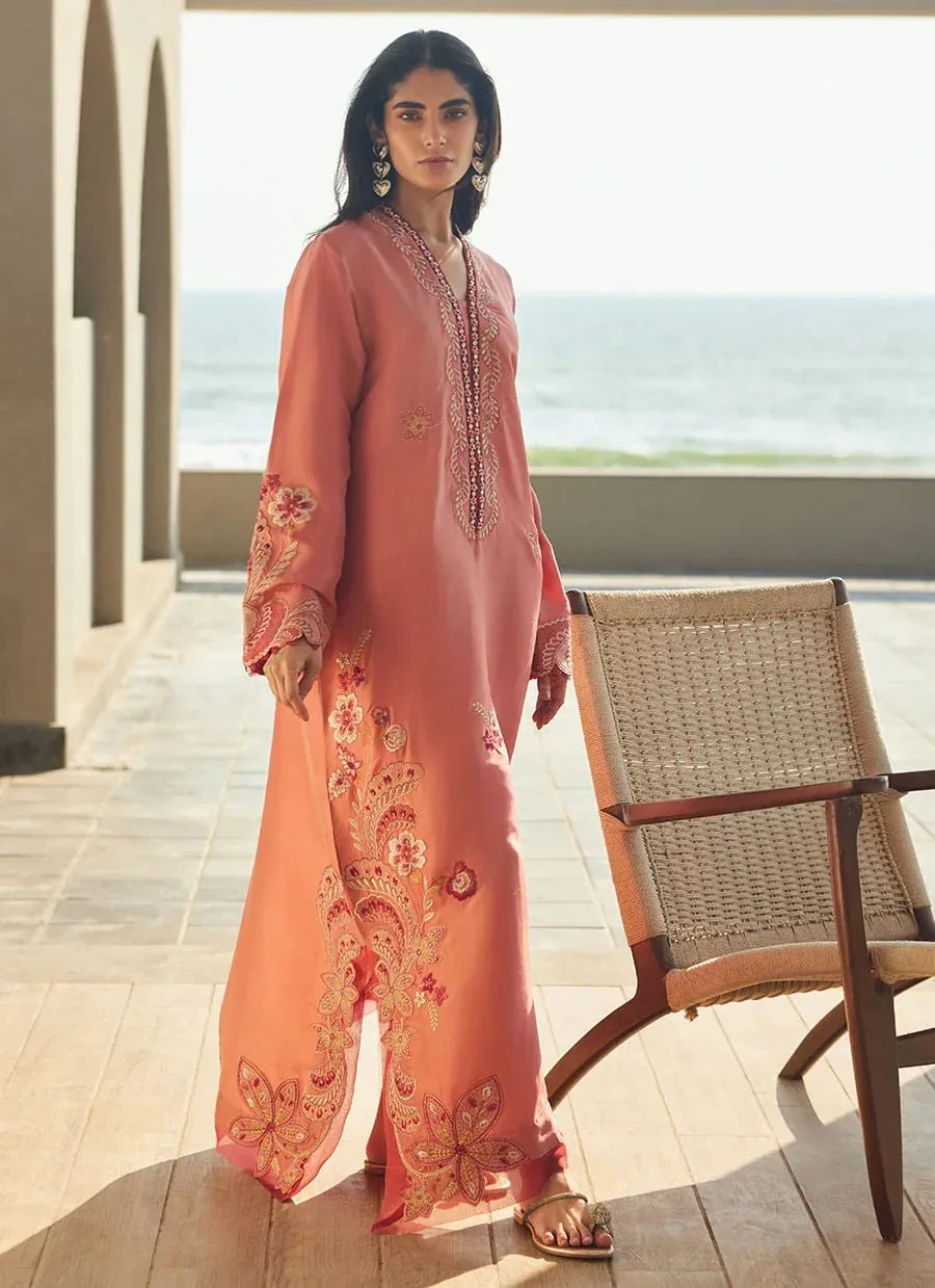 Farah Talib Aziz Laani The Kaftan Edit Coral Raw Silk – view 5 – Poshaq