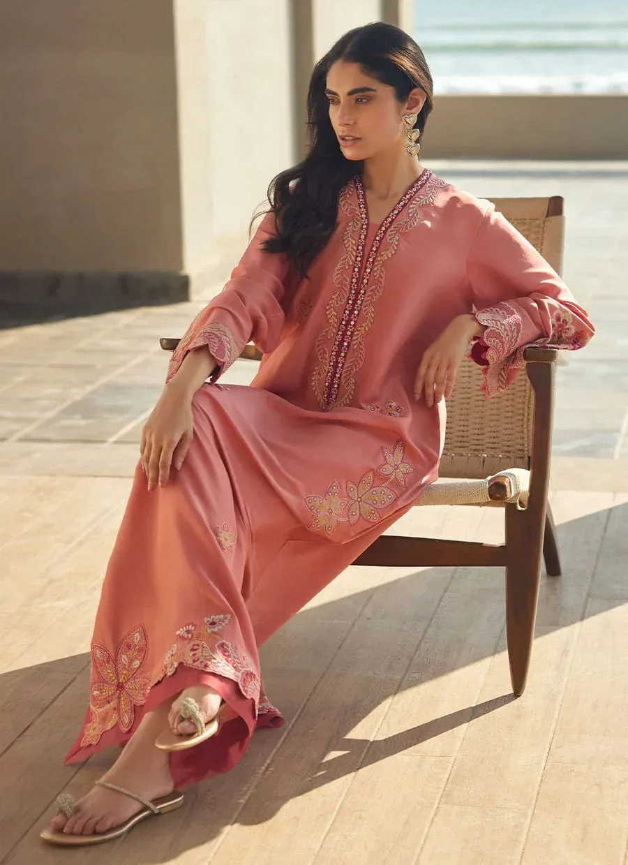 Farah Talib Aziz Laani The Kaftan Edit Coral Raw Silk – view 6 – Poshaq