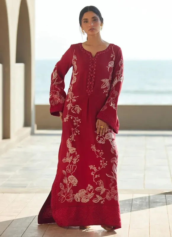 Farah Talib Aziz Laani The Kaftan Edit Carmine Raw Silk – view 1 – Poshaq
