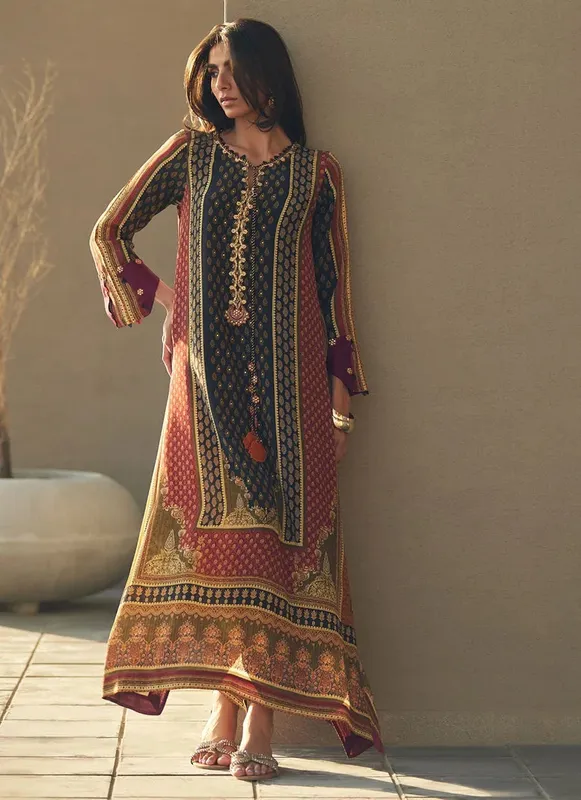 Farah Talib Aziz Laani The Kaftan Edit Black Raw Silk – view 1 – Poshaq