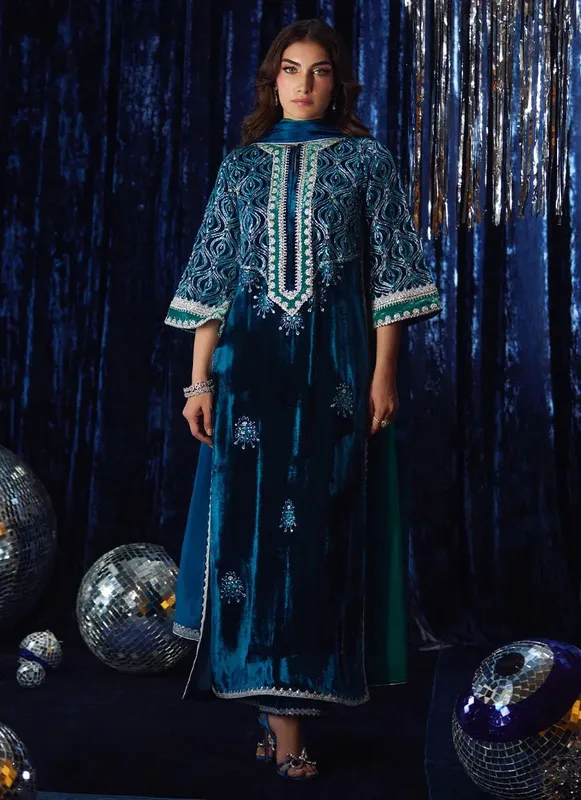 Farah Talib Aziz Velvet Fete 4 Teal Raw Silk – view 1 – Poshaq