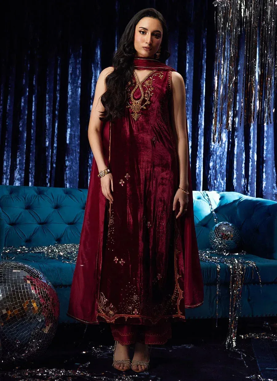 Farah Talib Aziz Velvet Fete 4 Maroon Raw Silk – view 1 – Poshaq