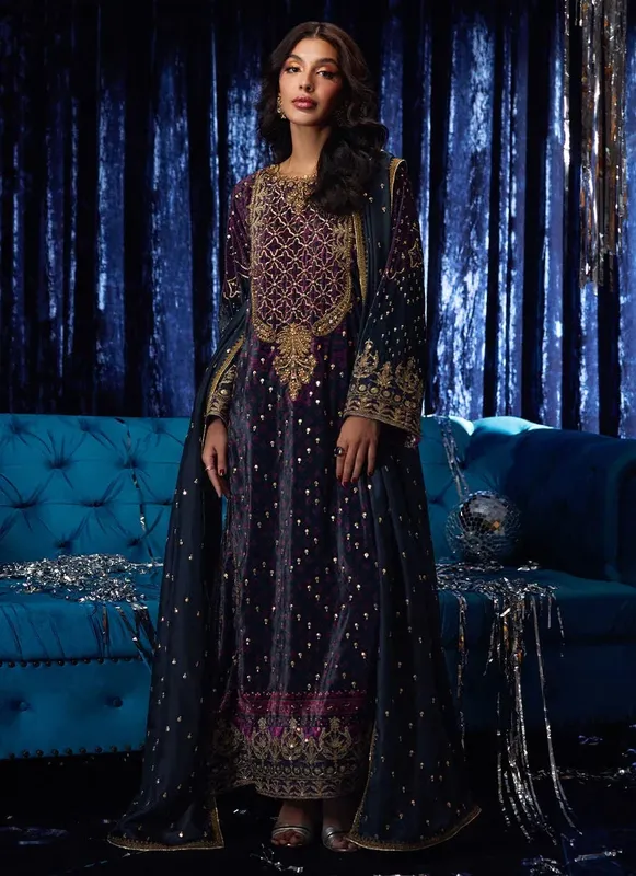 Farah Talib Aziz Velvet Fete 4 Navy Blue Raw Silk – view 1 – Poshaq