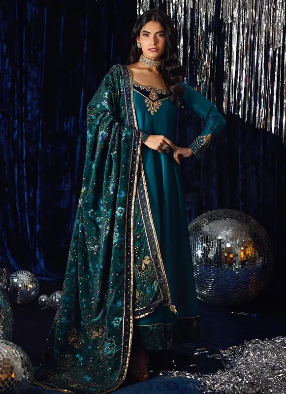 Farah Talib Aziz Velvet Fete 4 Teal Raw Silk – view 1 – Poshaq