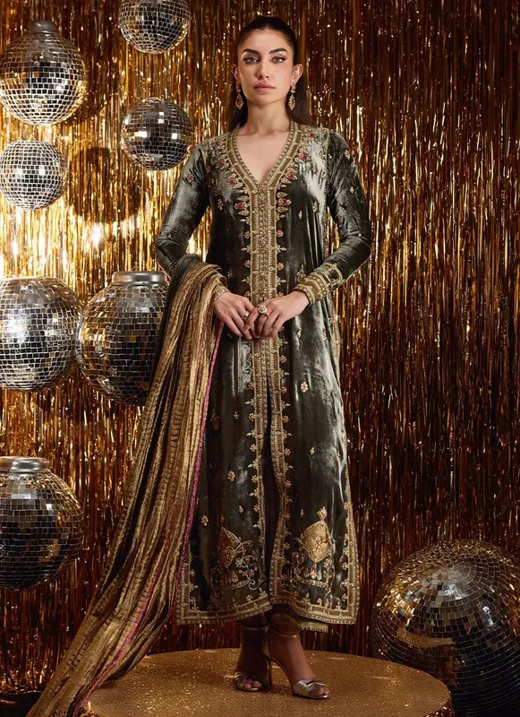 Farah Talib Aziz Velvet Fete 4 Grey Raw Silk – view 1 – Poshaq