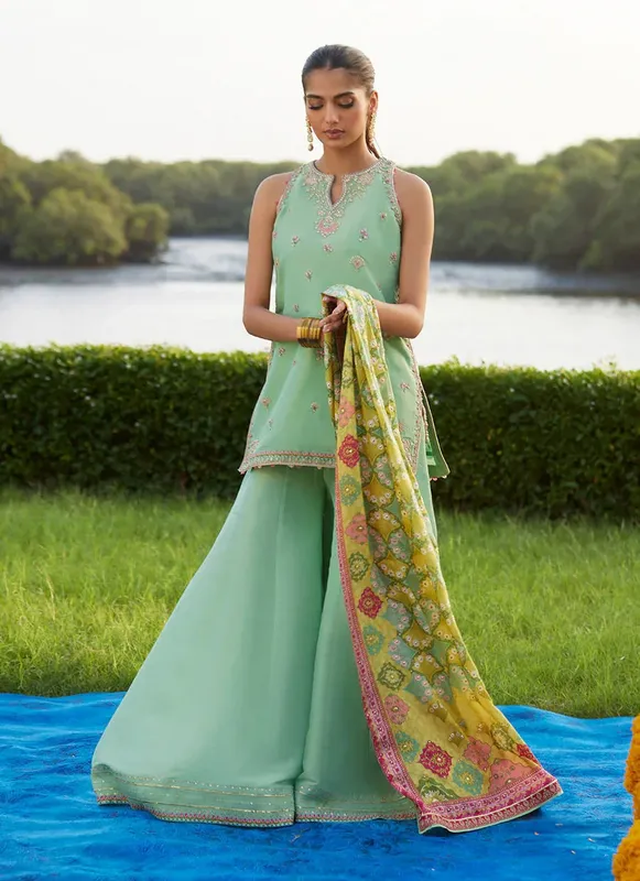 Farah Talib Aziz Mayna Festive Luxe Pret Mint Green Raw Silk – view 1 – Poshaq