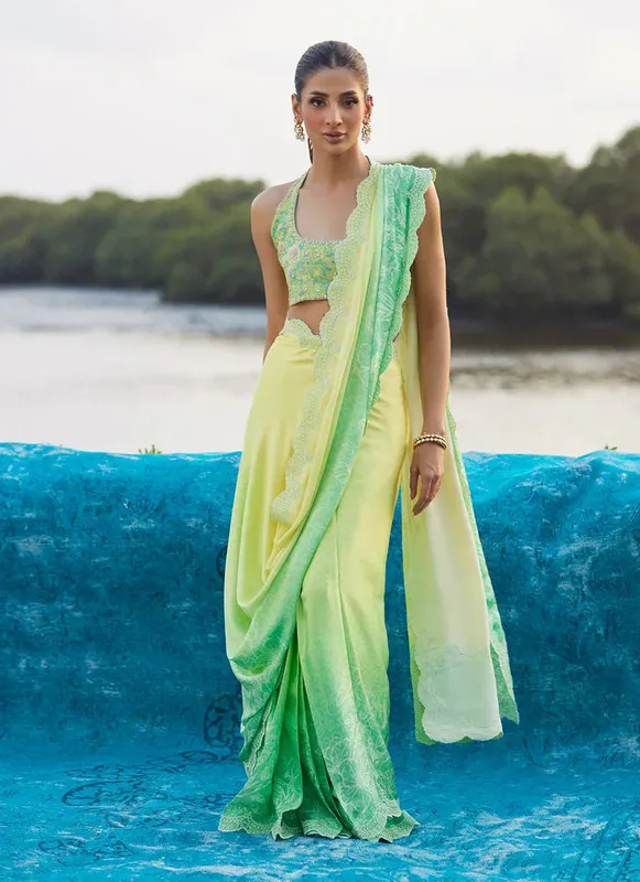 Farah Talib Aziz Mayna Festive Luxe Pret Lime Green Raw Silk – view 1 – Poshaq