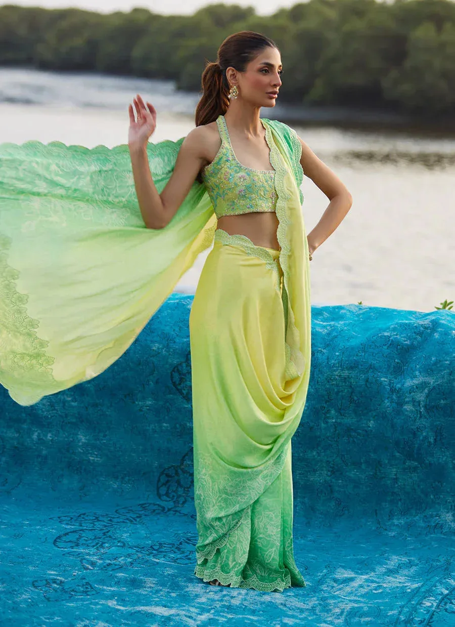 Farah Talib Aziz Mayna Festive Luxe Pret Lime Green Raw Silk – view 2 – Poshaq