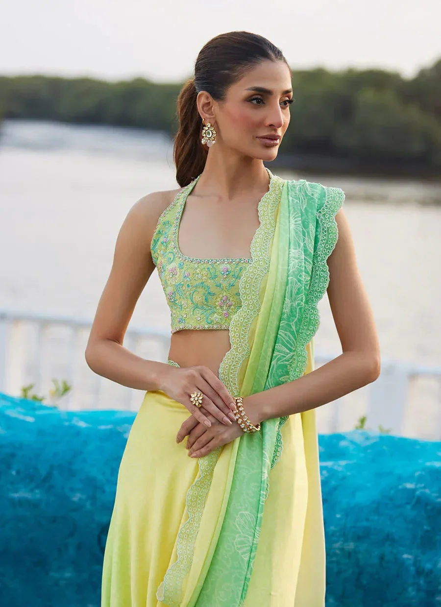 Farah Talib Aziz Mayna Festive Luxe Pret Lime Green Raw Silk – view 3 – Poshaq