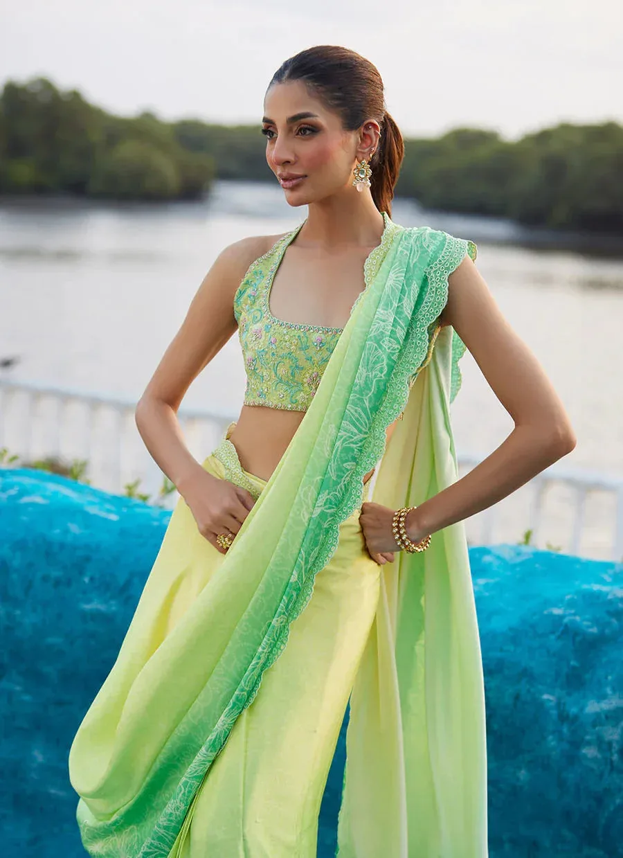 Farah Talib Aziz Mayna Festive Luxe Pret Lime Green Raw Silk – view 4 – Poshaq