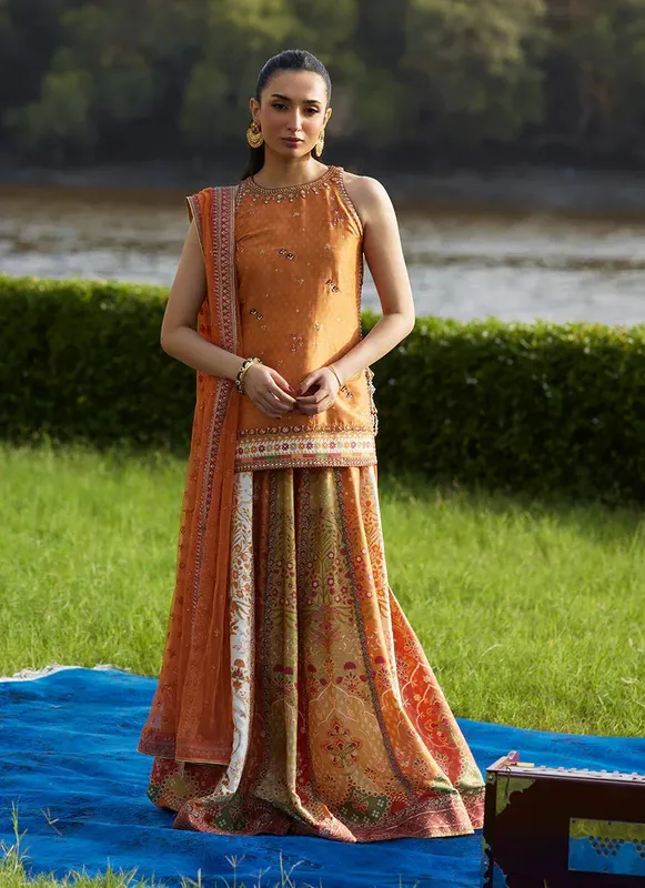 Burnt Orange raw silk short shirt with gold trim and organza dupatta – view 1 – Poshaq