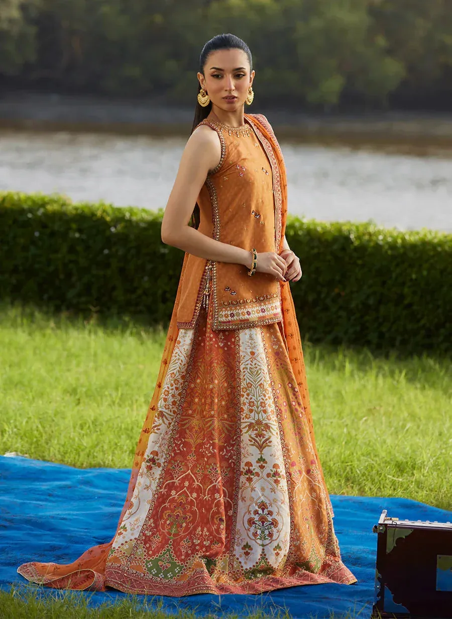 Burnt Orange raw silk short shirt with gold trim and organza dupatta – view 2 – Poshaq