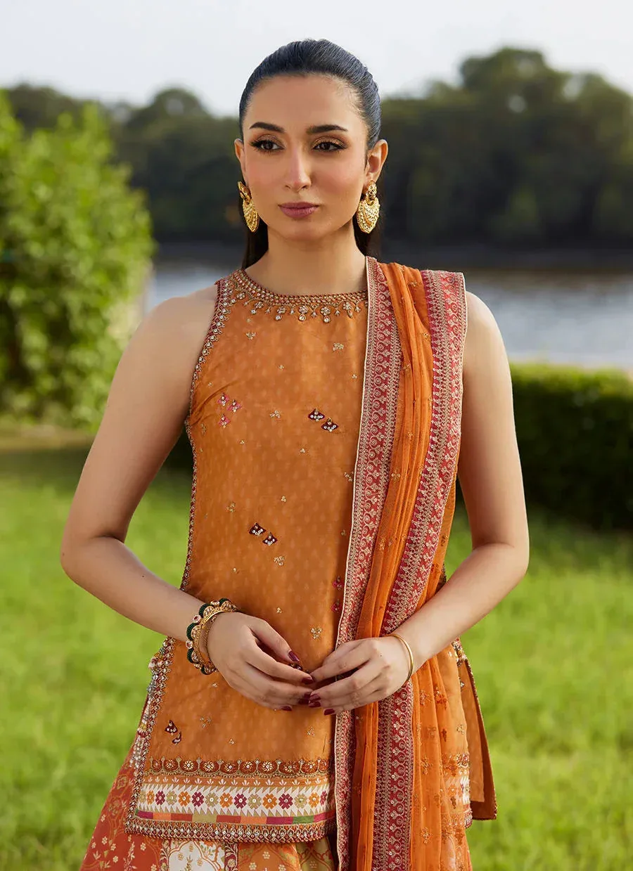 Burnt Orange raw silk short shirt with gold trim and organza dupatta – view 3 – Poshaq