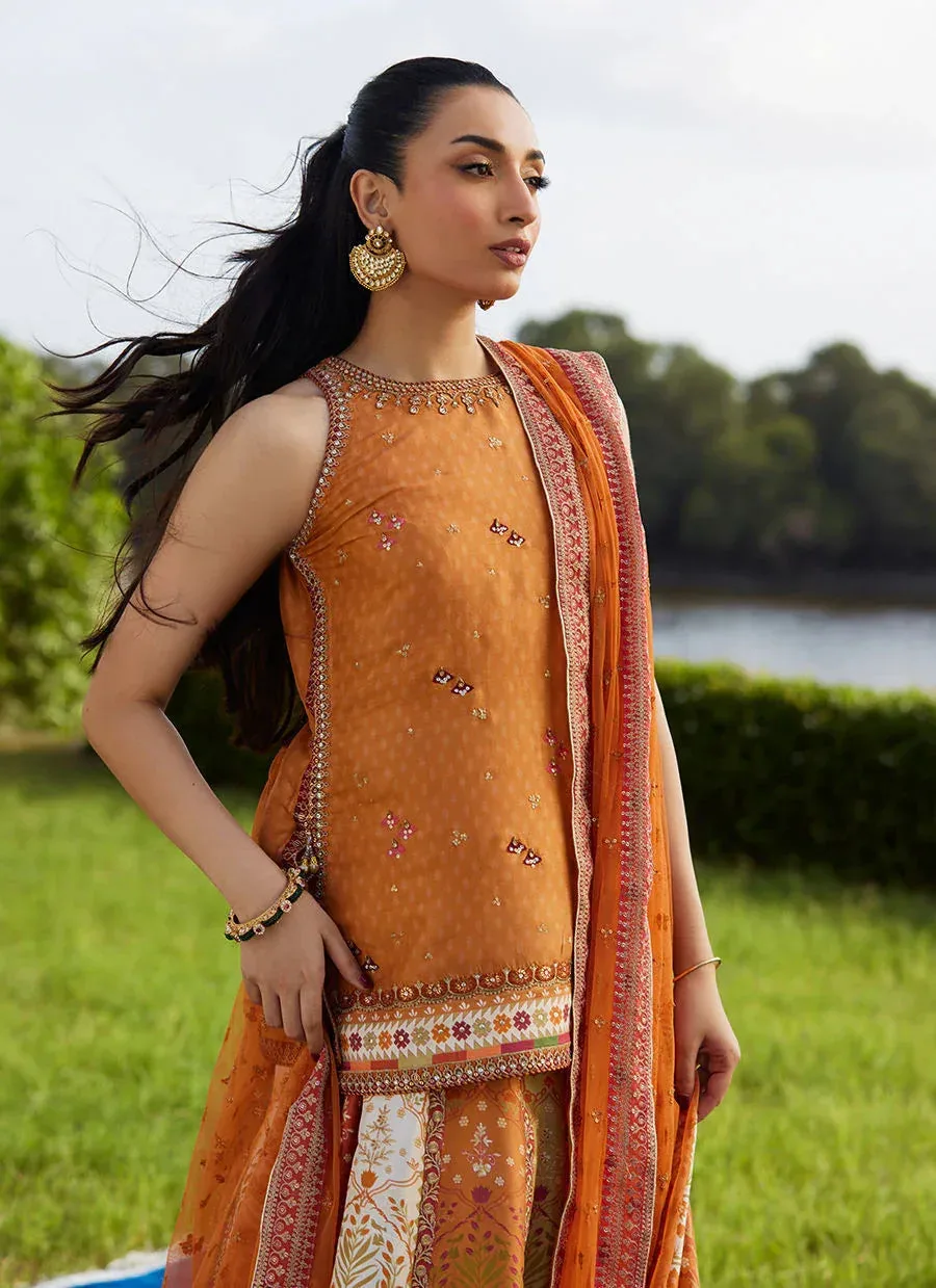 Burnt Orange raw silk short shirt with gold trim and organza dupatta – view 4 – Poshaq