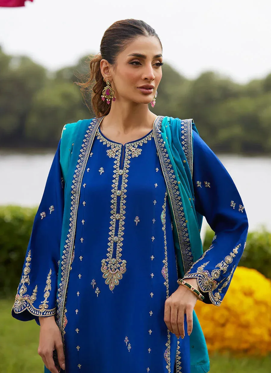 Farah Talib Aziz Mayna Festive Luxe Pret Electric Blue Raw Silk – view 3 – Poshaq