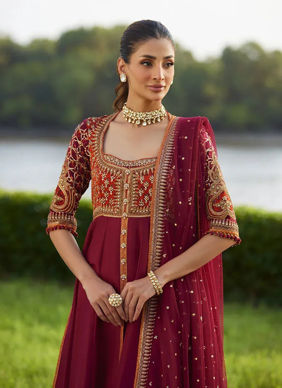 Farah Talib Aziz Mayna Festive Luxe Pret Maroon Raw Silk – view 3 – Poshaq