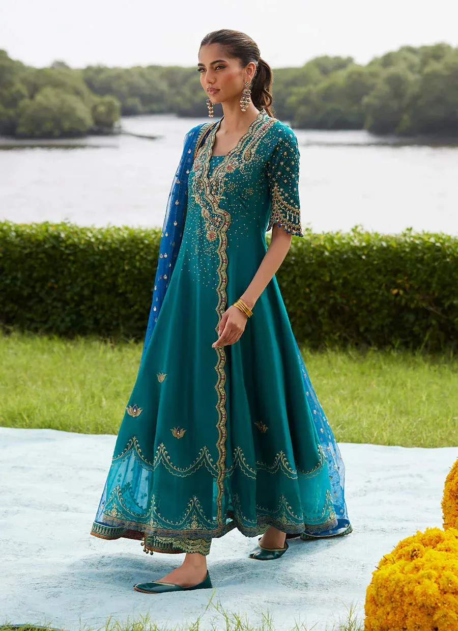Farah Talib Aziz Mayna Festive Luxe Pret Emerald Green Raw Silk – view 2 – Poshaq