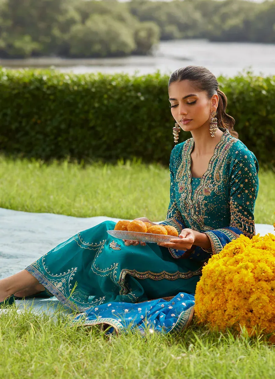 Farah Talib Aziz Mayna Festive Luxe Pret Emerald Green Raw Silk – view 6 – Poshaq