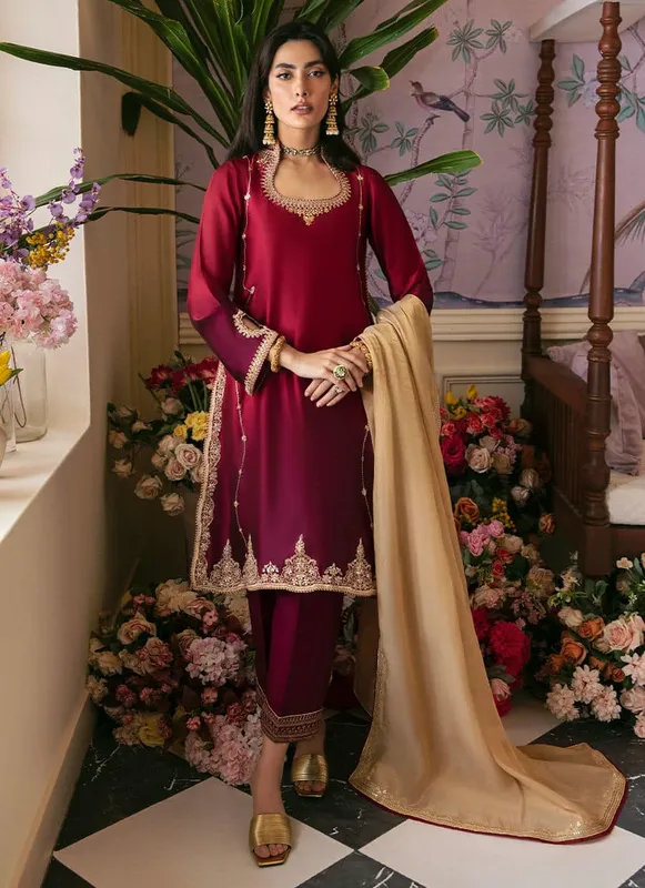 Farah Talib Aziz Mayna Festive Luxe Maroon Silk – view 1 – Poshaq