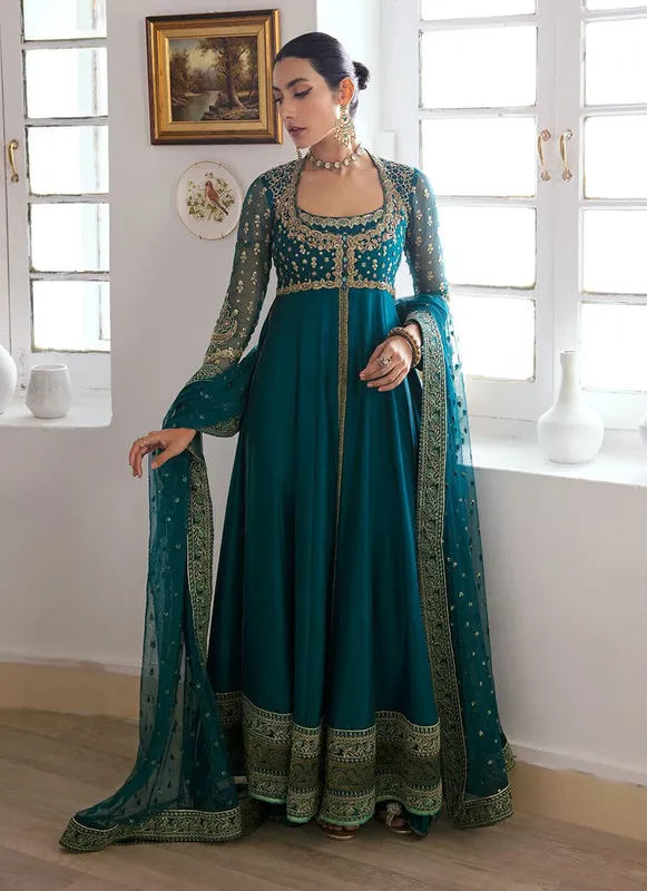 Farah Talib Aziz Mayna Festive Luxe Teal Raw Silk – view 1 – Poshaq