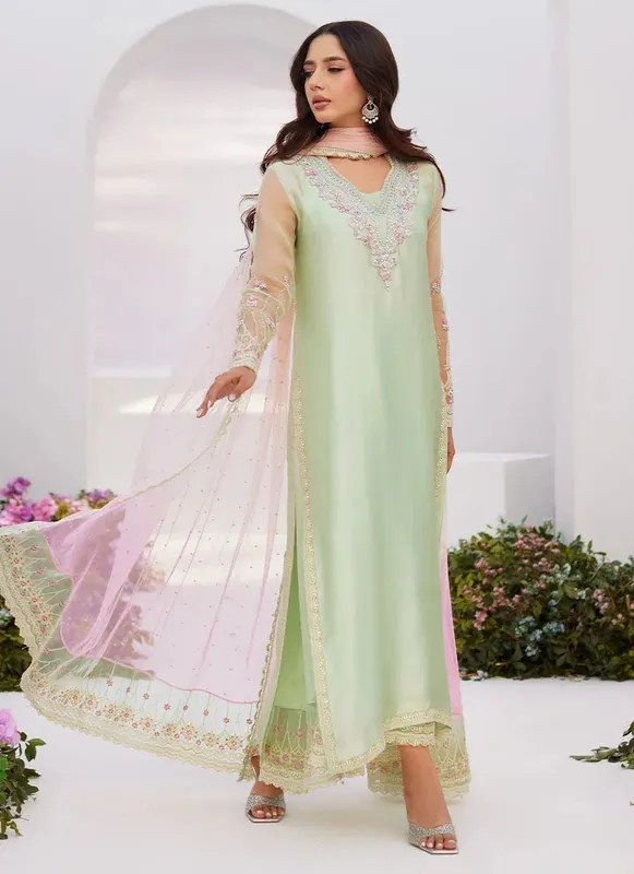 Farah Talib Aziz Zaza Luxe Pret 24 Green Raw Silk – view 1 – Poshaq