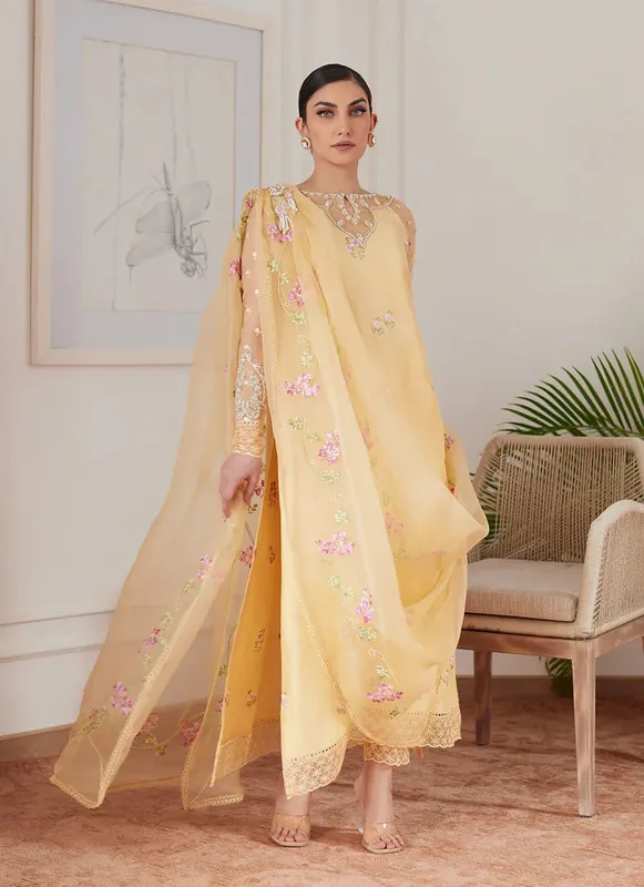 Farah Talib Aziz Luna Eid Collection 24 Yellow Raw Silk – view 1 – Poshaq