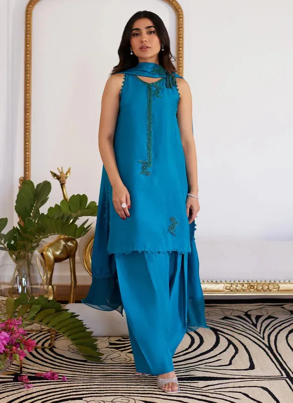 Farah Talib Aziz Luna Eid Collection 24 Teal Raw Silk – view 1 – Poshaq