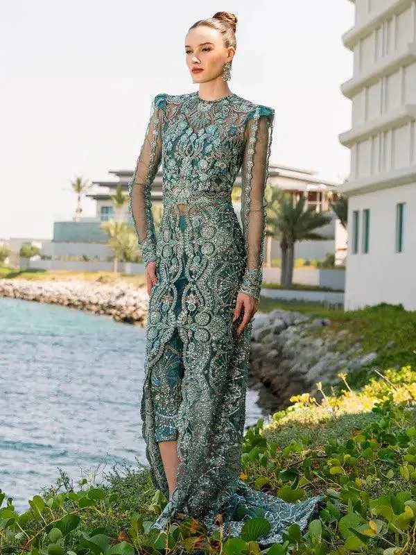 Epoque Ciel Luxury Couture Green Raw Silk – view 1 – Poshaq
