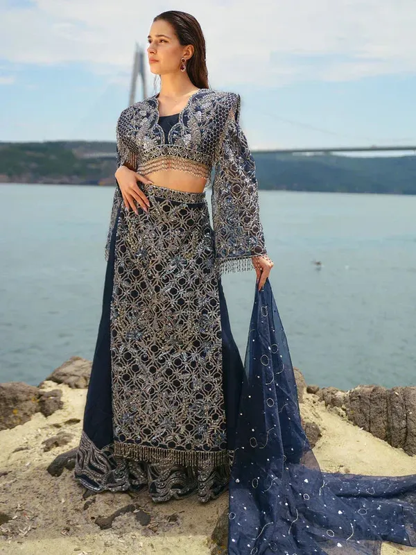 Epoque Ciel Luxury Couture Navy Blue Raw Silk – view 1 – Poshaq