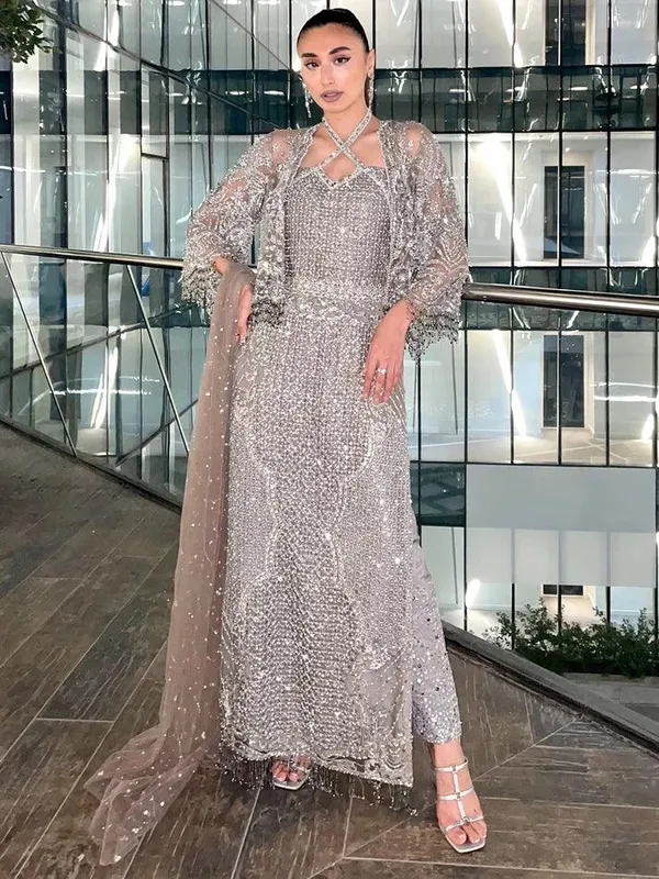 Epoque Ciel Luxury Couture Grey Raw Silk – view 1 – Poshaq