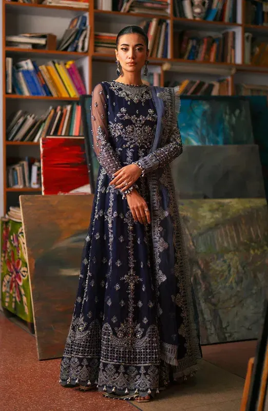 Eleshia Khatoon Wedding Formals Navy Blue Raw Silk – view 1 – Poshaq