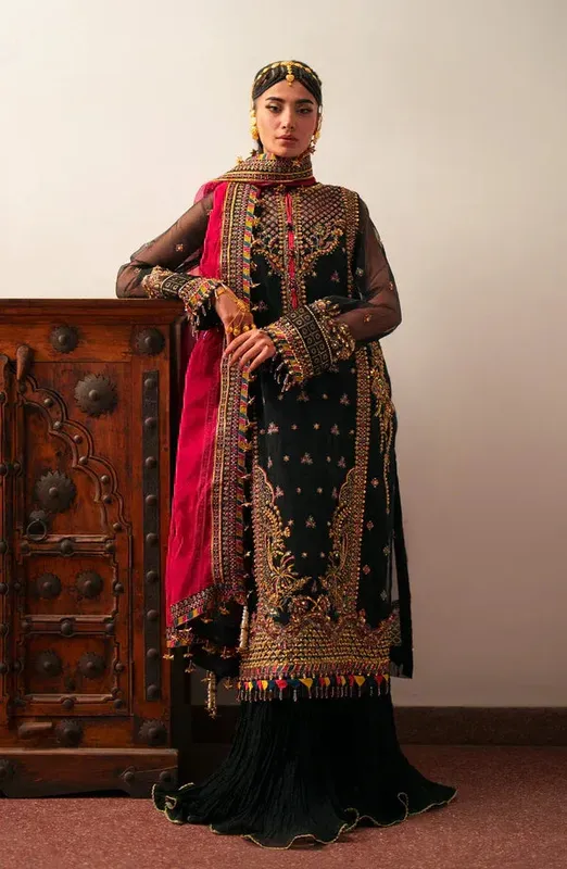 Eleshia Khatoon Wedding Formals Black Raw Silk – view 1 – Poshaq
