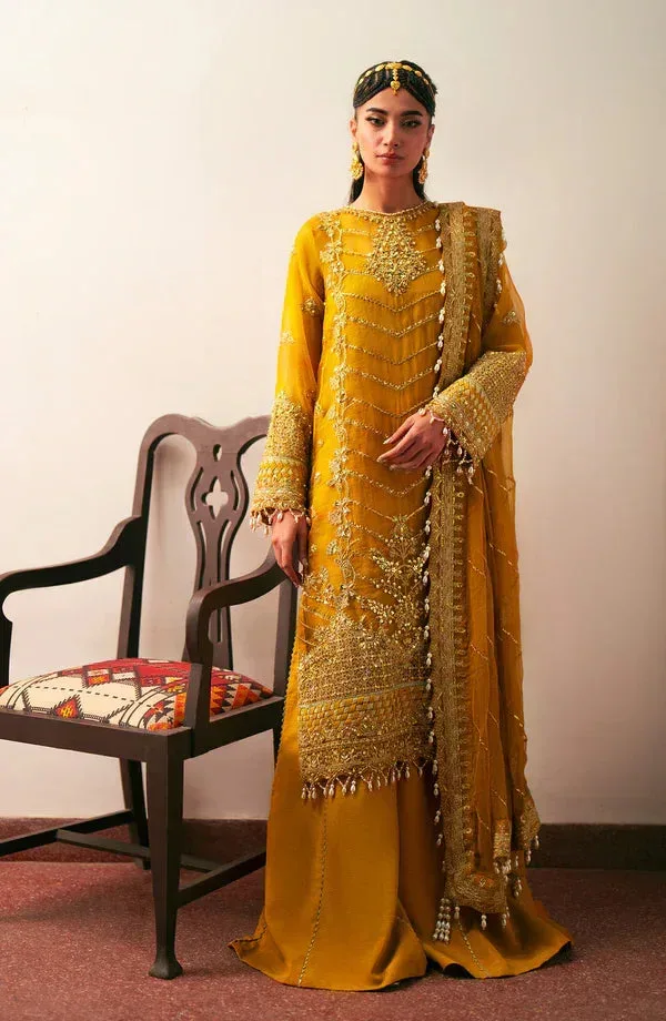 Eleshia Khatoon Wedding Formals Mustard Raw Silk – view 1 – Poshaq