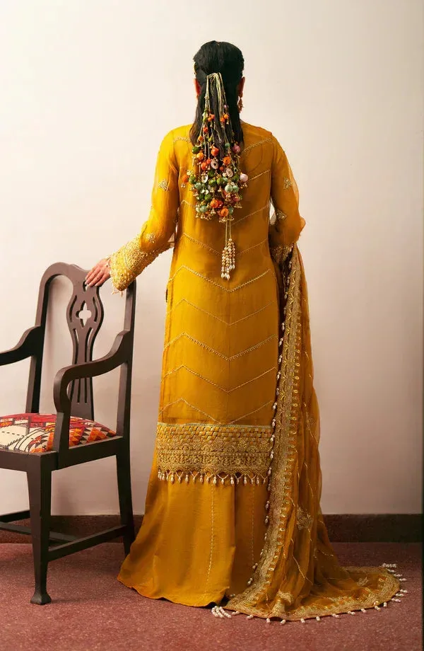 Eleshia Khatoon Wedding Formals Mustard Raw Silk – view 2 – Poshaq