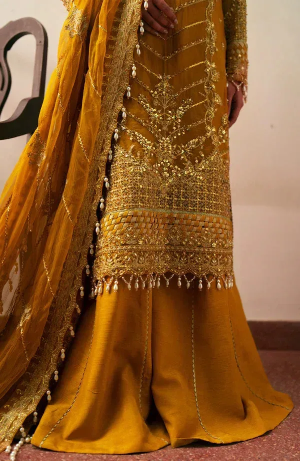 Eleshia Khatoon Wedding Formals Mustard Raw Silk – view 3 – Poshaq