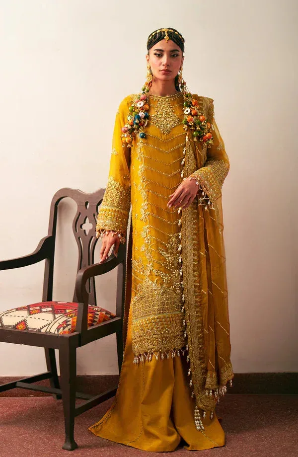 Eleshia Khatoon Wedding Formals Mustard Raw Silk – view 5 – Poshaq
