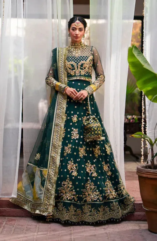Eleshia Khatoon Wedding Formals Green Raw Silk – view 1 – Poshaq