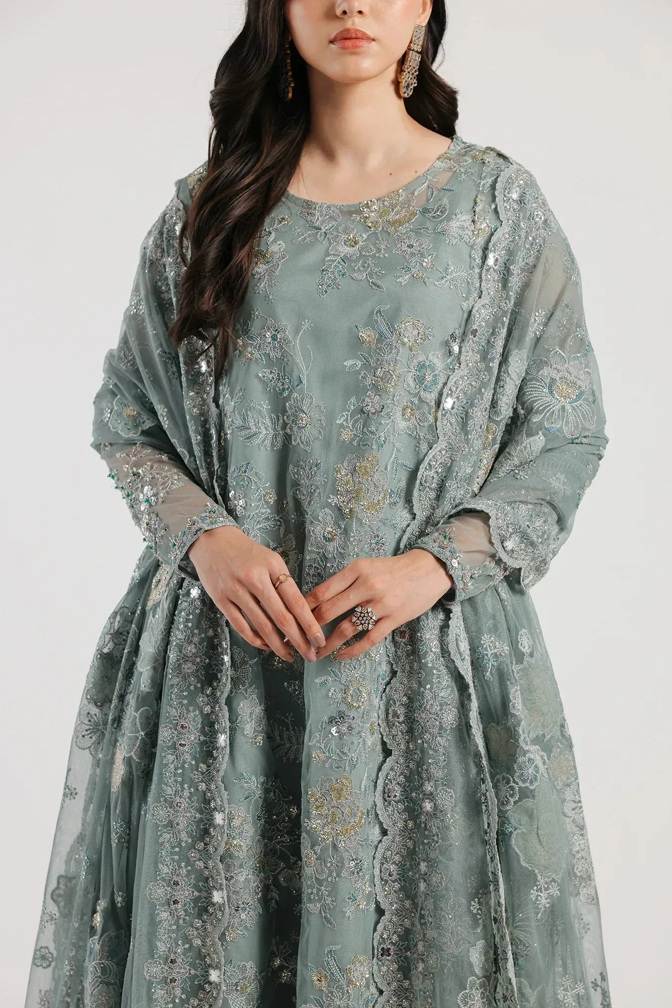 Ethnic Luxe Formal Collection Sea Green Net – view 3 – Poshaq