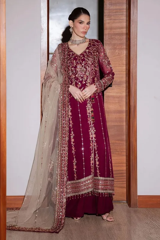 Nureh Elaya Formals Maroon Raw Silk – view 1 – Poshaq