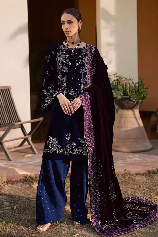 Nureh Maya Velvet Dark Blue Raw Silk – view 1 – Poshaq
