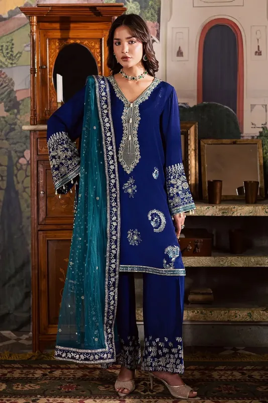 Nureh Nur Mahal Electric Blue Organza – view 1 – Poshaq