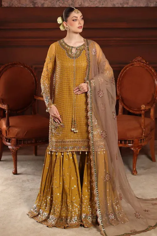 Nureh Alfaaz Formals Yellow Ochre Raw Silk – view 1 – Poshaq