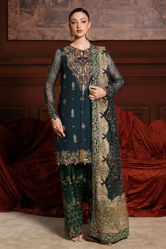Nureh Alfaaz Formals Dark Teal Blue Raw Silk – view 1 – Poshaq