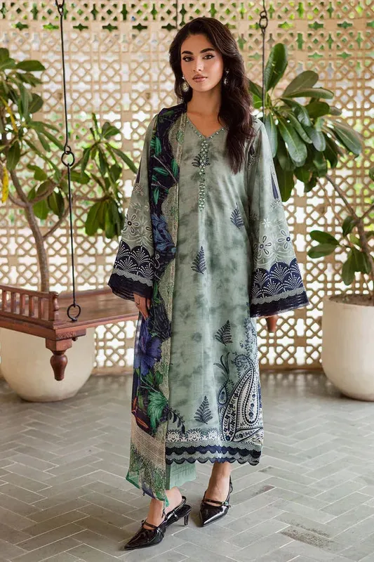 Nureh Signature Printed Linen sea green Chiffon – view 1 – Poshaq