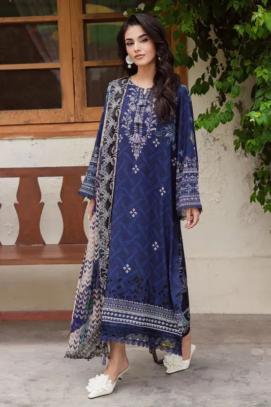 Nureh Signature Printed Linen Blue Chiffon – view 1 – Poshaq