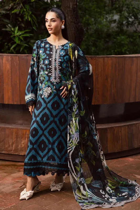 Nureh Signature Printed Linen Black Chiffon – view 1 – Poshaq